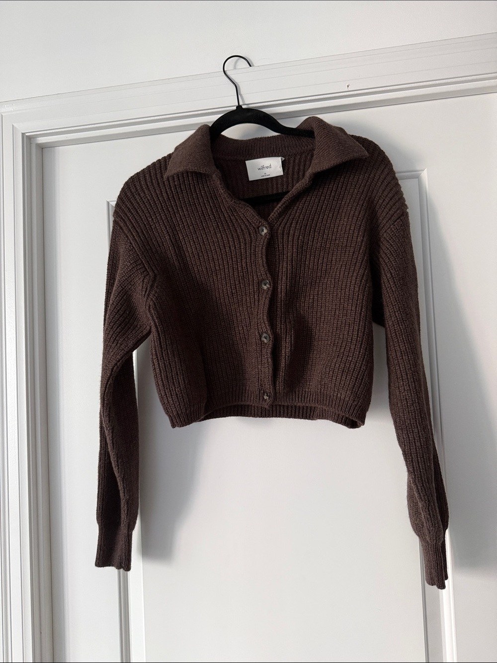 Aritzia Chocolate Brown Ribbed Cropped Button Cardigan